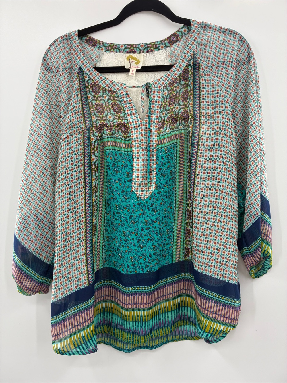 Fig & Flowers Boho Printed Peasant Blouse - Size Large
